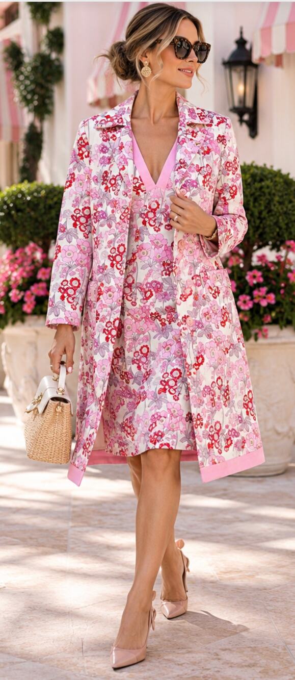 Vintage 90s Kay Unger Floral Dress Coat Set Pink Mod Size 8 10